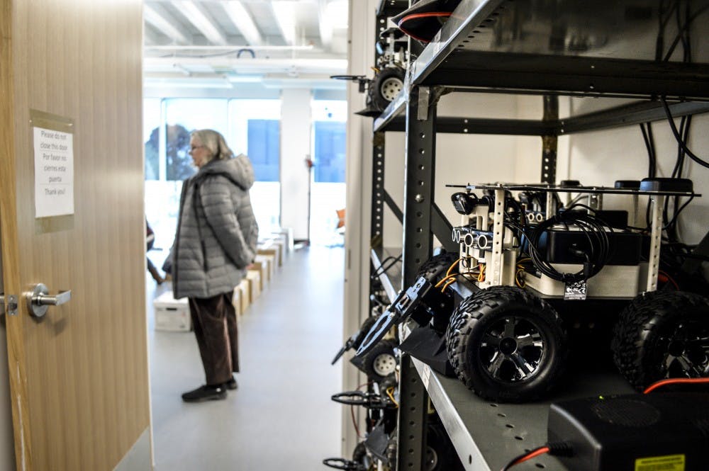 A robot sits on a shelf during the ribbon cutting ceremony for the Farris Engineering Center on March 1, 2018.