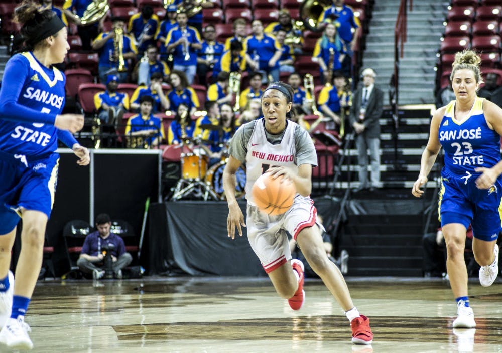 Jasmine Smith drives to the basket for the Lobos during the second half of the game on March 5, 2018&nbsp;at Thomas & Mack Center in Las Vegas, Nevada. The Lobos won 84-54.