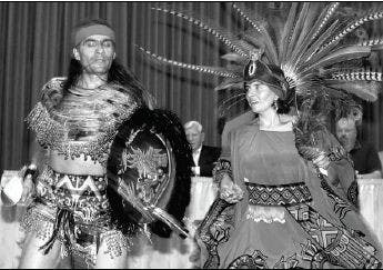 Dancers from Danza Azteca Grupo Circulo Solar perform at the SUB Ballroom on Thursday in honor of Theo Crevenna. Crevenna received the Orden Mexicana del Aguila Azteca, the highest award given by the Mexican government to a foreigner. Crevenna and his son