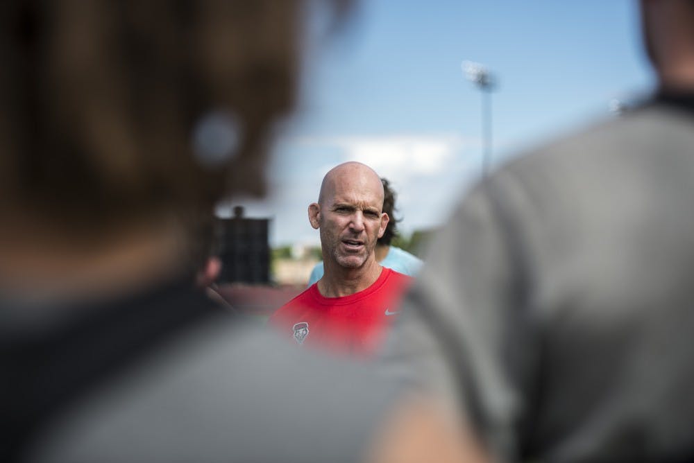 Head mens soccer coach Jeremy Fishbein critiques his players in regards to their first fall 2016 practice.&nbsp;