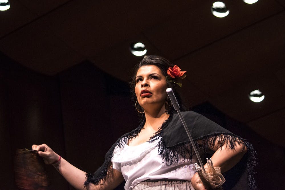 Soprano Estefanía Cuevas Wilco enters stage right during Sunday afternoon's performance of '¡Zarzuelas!'. The performance was conducted by Javier Lorenzo.