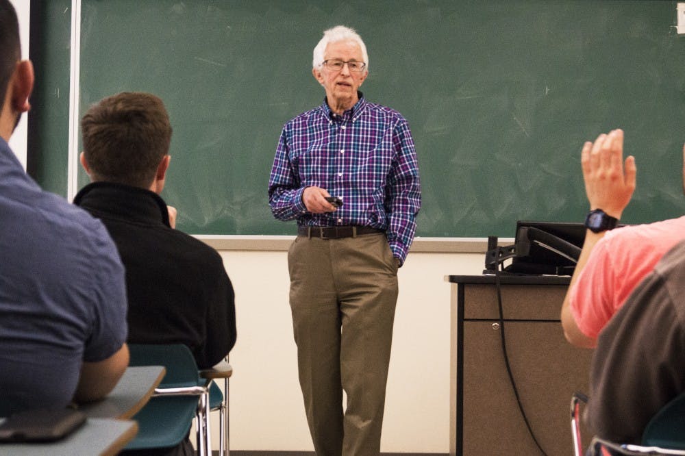 Siegfried S. Hecker, a Stanford University professor, gives a lecture about North Korean nuclear power Monday evening in Dane Smith Hall. The lecture focused on how bombs are made, and the nuclear weapons North Korea owns.&nbsp;
