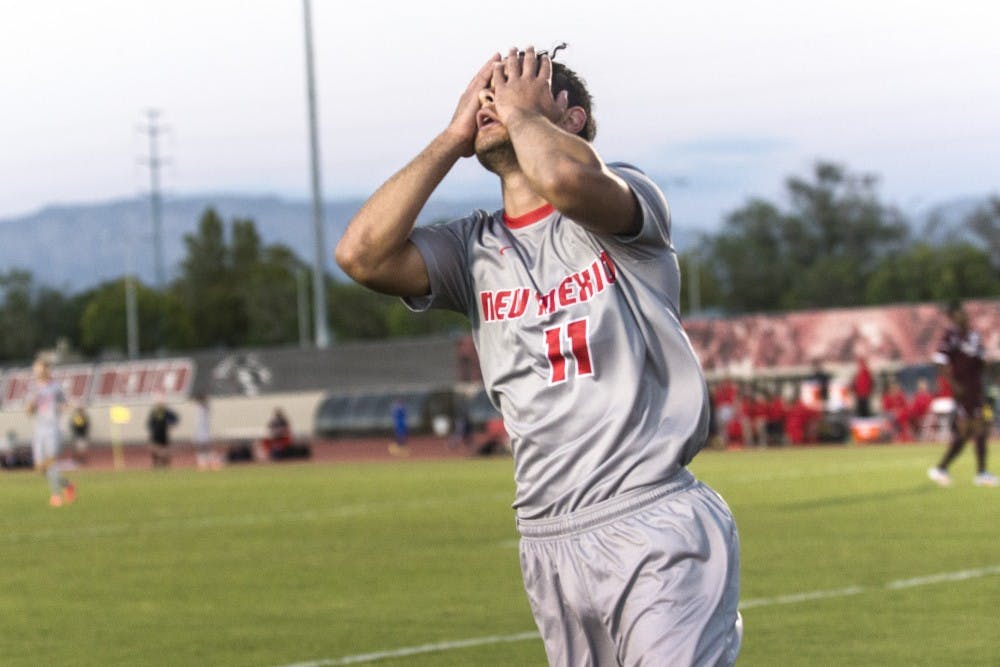 New Mexico midfielder Niko Hansen reacts after missing a goal attempt during the game against Missouri State on Oct. 12. The Lobos did not receive an at-large bid for this year’s NCAA Division I Men’s Soccer Championship and will miss the tournament for the first time since 2008.