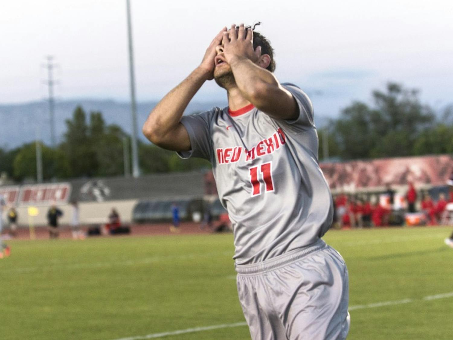 New Mexico midfielder Niko Hansen reacts after missing a goal attempt during the game against Missouri State on Oct. 12. The Lobos did not receive an at-large bid for this year’s NCAA Division I Men’s Soccer Championship and will miss the tournament for the first time since 2008.