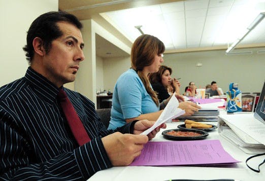 Sen. Joe Sanchez listens to the terms of the Senator Accountability Bill that was passed during an ASUNM meeting in the SUB on Thursday. 