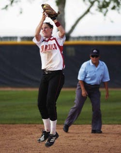 UNM second baseman Kristina Schmallen catches a ball that took one hop in the infield during the Lobos' second game of a double-header at Lobo Field.