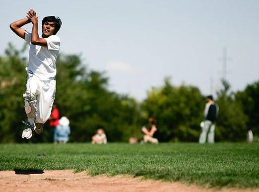 Srikant Narruvala pitches at UNM's Inaugural Cup. The UNM Cricket Club is now a member of the Colorado Cricket League but hopes to one day create a New Mexico league. 