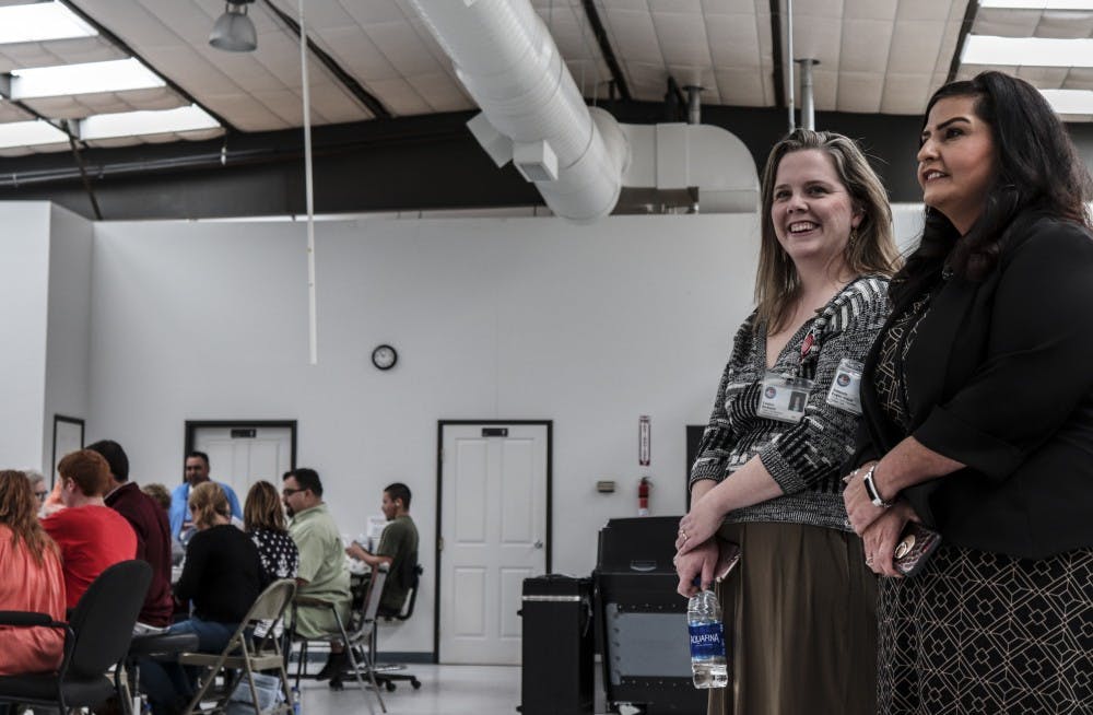 Doña Ana County Clerk (left) Amanda López Askin and Deputy DACC Lindsey Bachman oversee the absentee counting process for Doña Ana Warehouse.  There are more that 4,000 ballots being counted in the day after the election.