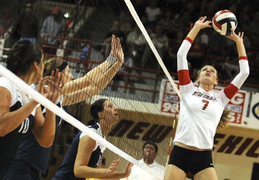 Lobo sophomore Jade Michaelsen sets a ball during Thursday's 3-0 win against No. 21 BYU at Johnson Center. Michaelsen had 30 assists and five kills. 