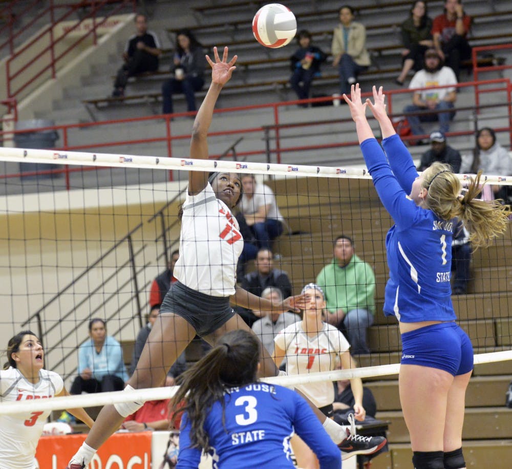 Senior middle blocker Skyle Gullatt offers an off-speed shot against San Jose State’s defense at Johnson Center Oct. 29. Gullatt is five blocks away from second place on the all-time block at UNM.