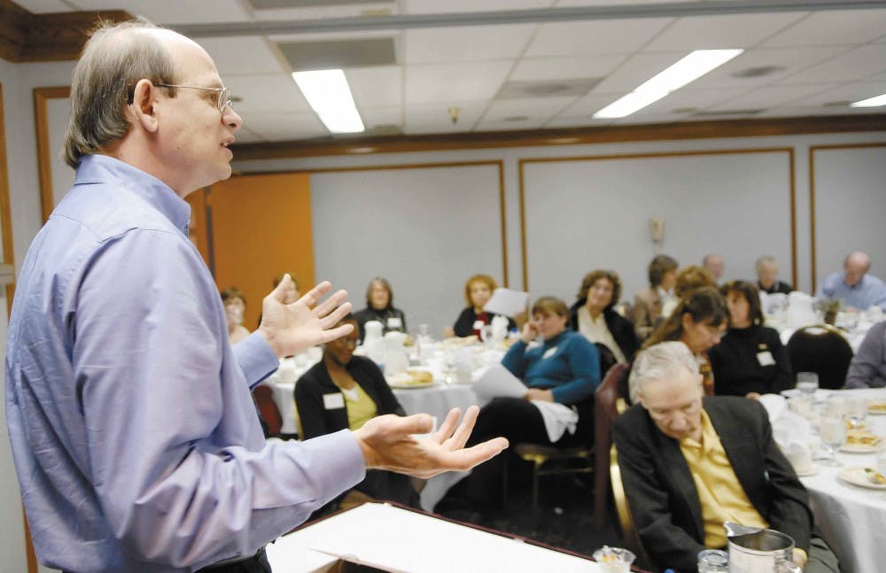 Brian Sanderoff, president of Research and Polling Inc., speaks about last week's 1st Congressional District election at the Albuquerque Press Women's luncheon on Monday at the Sheraton Uptown at 2600 Louisiana Blvd. N.E.