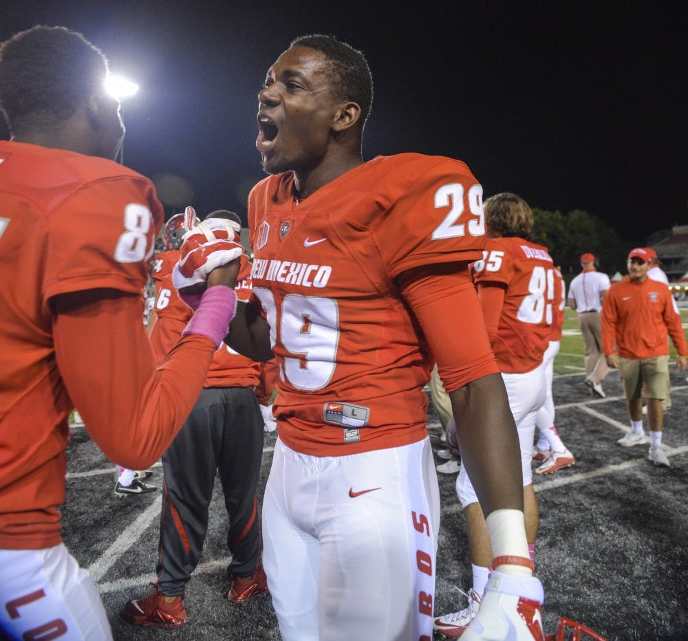 Redshirt junior linebacker Kenya Donaldson celebrates before the Lobos’ 28-27 victory against Hawaii University at University Stadium on Oct. 17. The Lobos are a mere three wins away from going to the Mountain West Championship game.