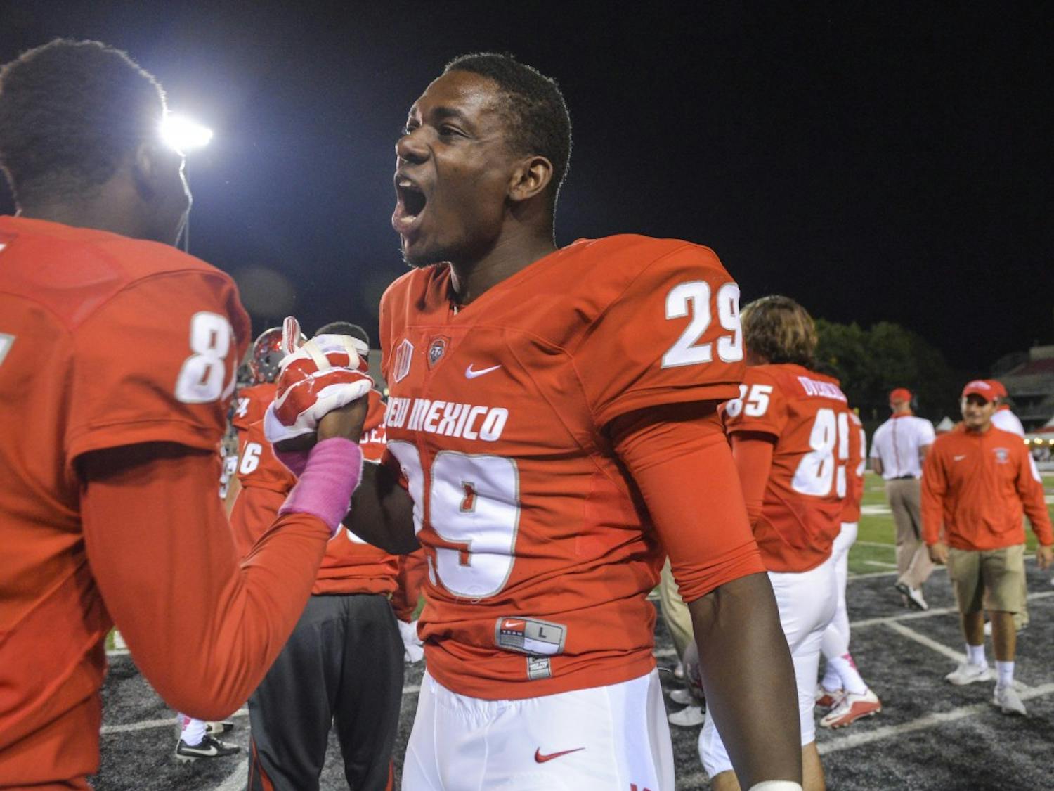 Redshirt junior linebacker Kenya Donaldson celebrates before the Lobos’ 28-27 victory against Hawaii University at University Stadium on Oct. 17. The Lobos are a mere three wins away from going to the Mountain West Championship game.