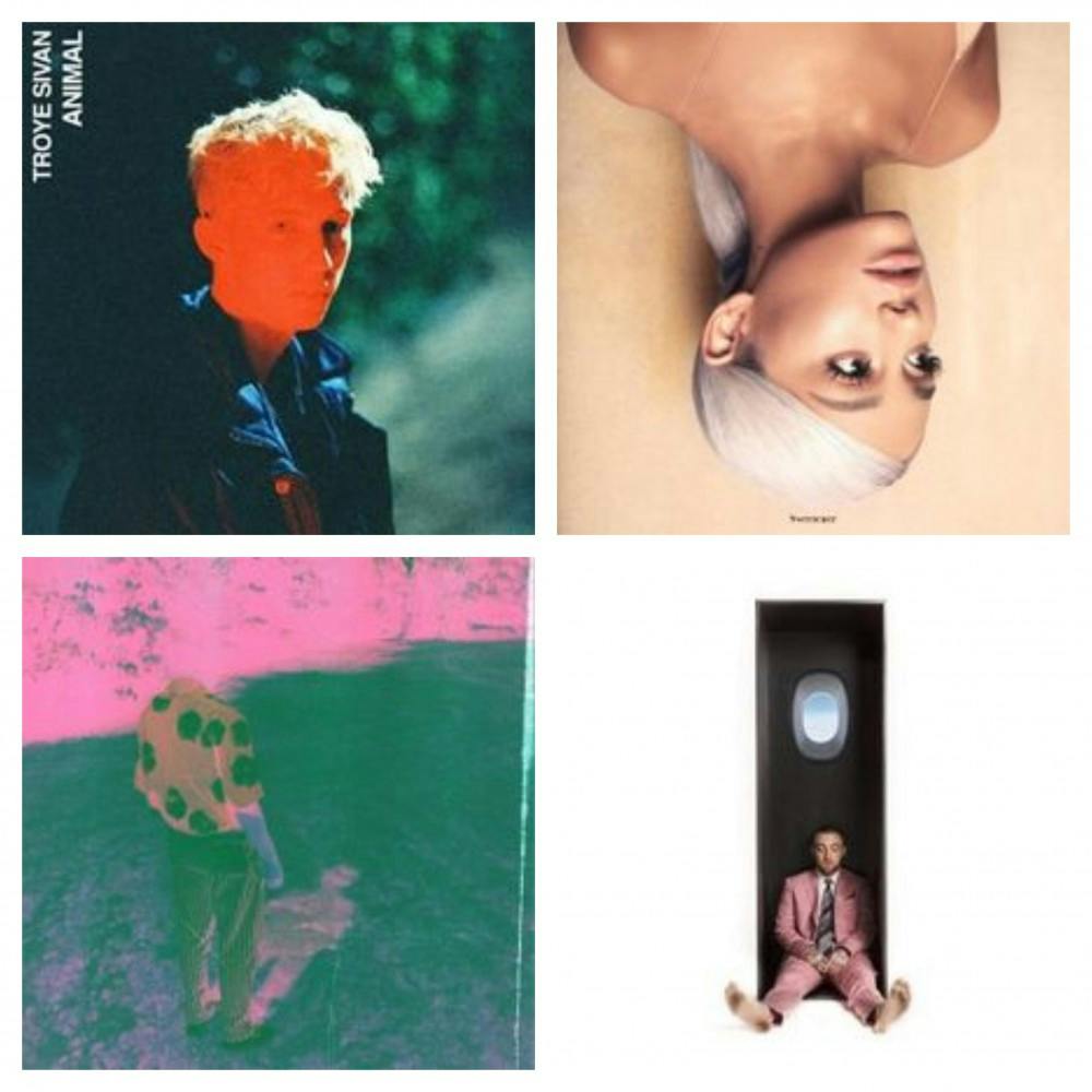 From top left going clockwise are cover of music by Troye Sivan, Ariana Grande, Choker and Mac Miller.