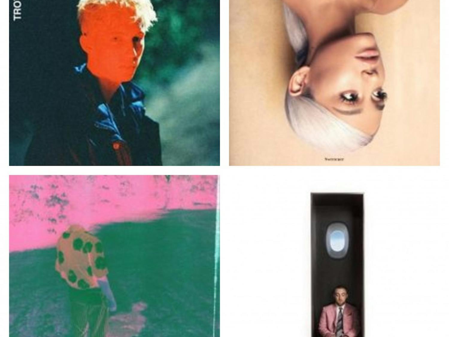 From top left going clockwise are cover of music by Troye Sivan, Ariana Grande, Choker and Mac Miller.