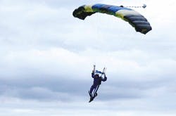Adam Buckner prepares to land during a jump at Belen Alexander Municipal Airport on Saturday. Buckner has been a member of Skydive New Mexico for 16 years.