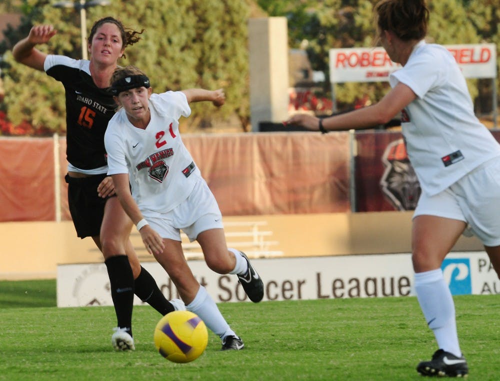 	Lobo midfielder Amanda Collins chases down the ball in Saturday’s 2-0 season-opening win over Idaho State. The Lobos will play with many underclassmen this season.