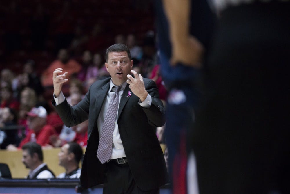 Lobo head coach Mike Bradbury reacts to a call made by a referee Saturday, Feb. 18, 2017 at WisePies Arena.&nbsp;