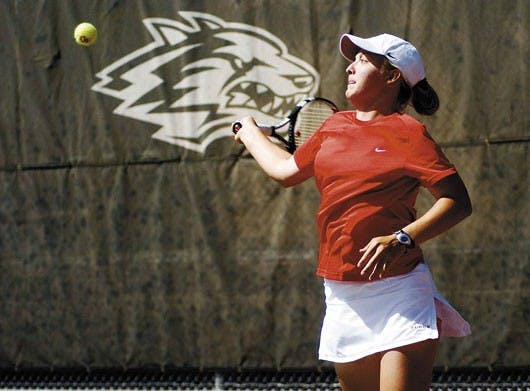 Former Lobo tennis player Maja Kovacek wins the No. 1 doubles match against UNLV with her partner Iva Gersic during the last regular season match on April 15 at the UNM Tennis Complex. 