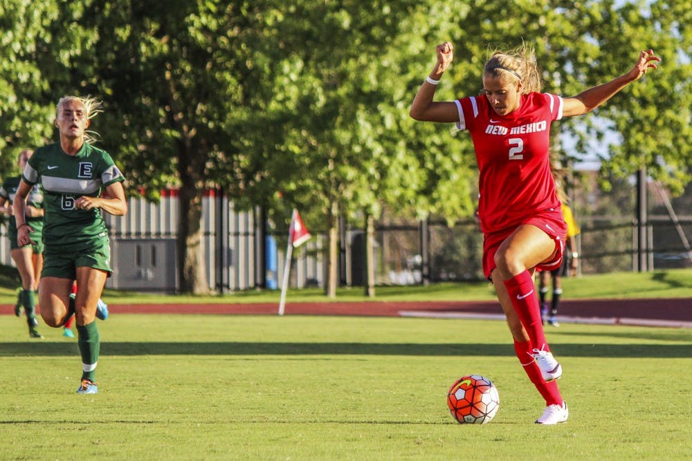 Redshirt senior midfielder Katie Hinman receives a pass Sunday, Aug. 14, 2016 at the UNM Soccer Complex. The Lobos will play Grand Canyon University in Flagstaff, Arizona on Friday at 4 p.m.