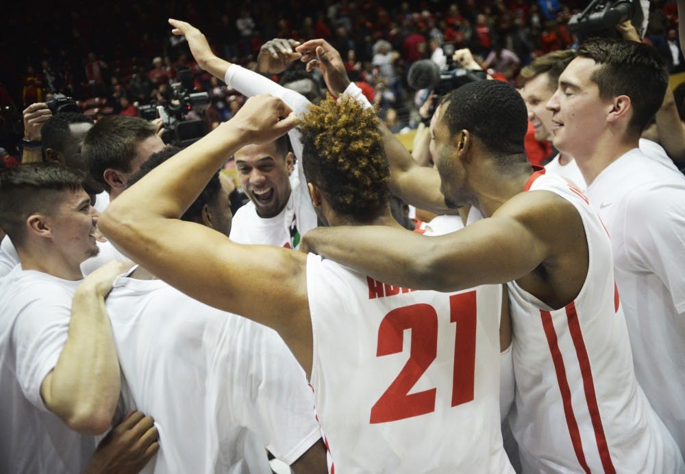 The Lobo mens basketball team huddles together to celebrate their victory over UNLV Tuesday, Feb. 2, 2016 at WisePies Arena. The Lobos will play San Diego State this Saturday. 