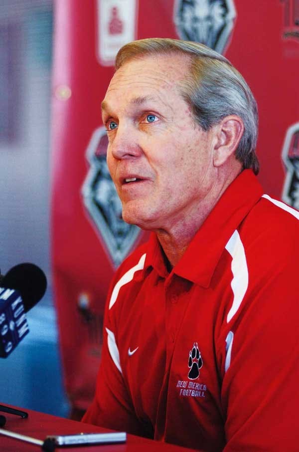 Head coach Rocky Long answers questions during a media luncheon Wednesday in the Tow Diehm Facility. 