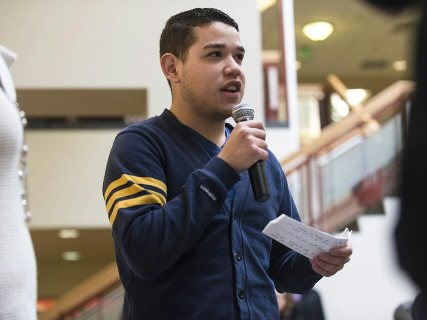 ASUNM Sen. Jorge Guerrero asks panelists about dorm safety during the sexual assault panel discussion at the SUB Atrium on Thursday. Pilgrim & Associates spent weeks interviewing students on campus to determine UNMs reporting and response to allegations of sexual assault.