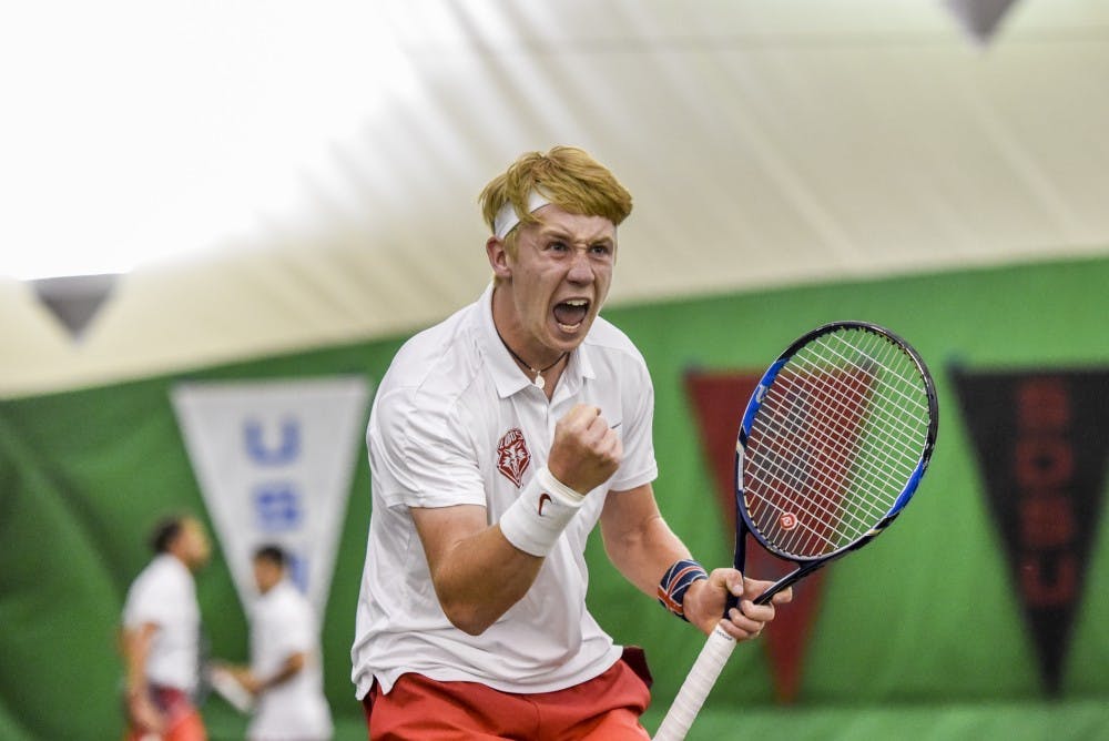 Freshman Dominic West celebrates scoring against Fresno State Friday, March 31, 2017 in Albuquerque, New Mexico. The Lobos lost to Fresno State 4-3.&nbsp;
