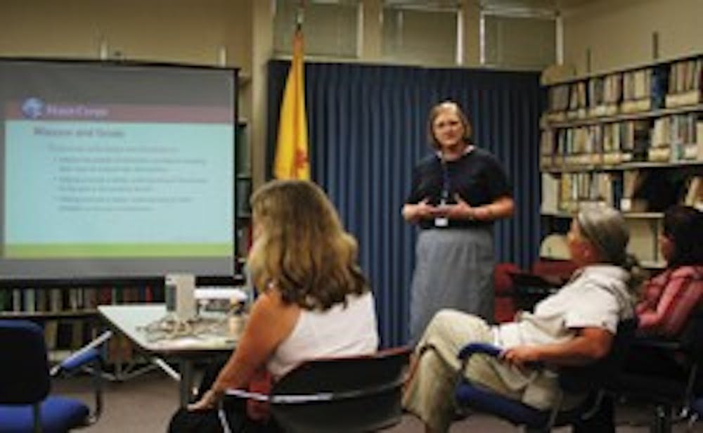 Sharon Sugarek, regional director for Peace Corps, speaks in the Latin American and Iberian Institute about Peace Corps opportunities on Tuesday.  