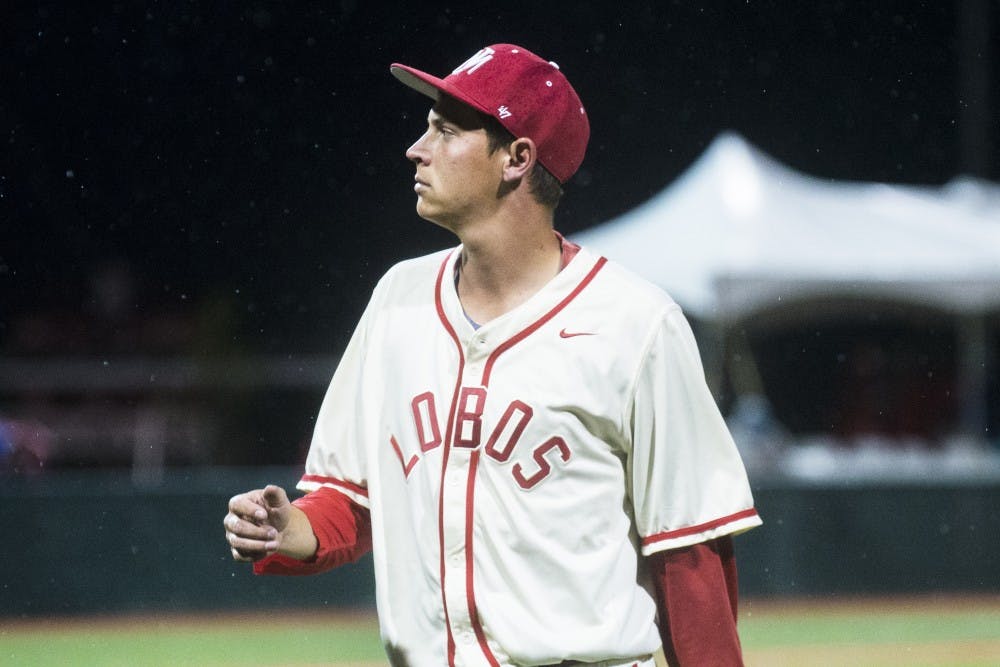 Junior pitcher Carson Schneider walks off the field after closing an inning against Fresno State Friday April 8, 2016 at Santa Ana Star Field. Schneider was named Mountain West Pitcher of the Week for his gem.&nbsp;