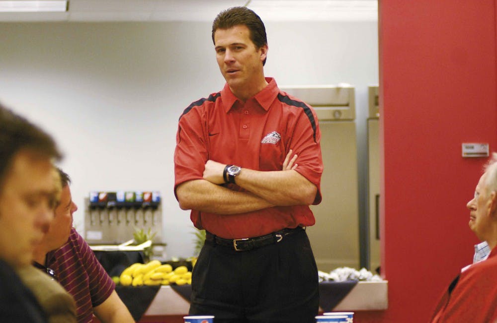 Men's basketball head coach Steve Alford answers a question at a press conference at the Rudy Davalos Center on Tuesday. 