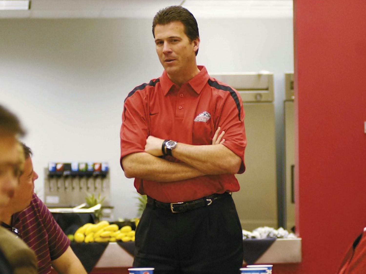 Men's basketball head coach Steve Alford answers a question at a press conference at the Rudy Davalos Center on Tuesday.