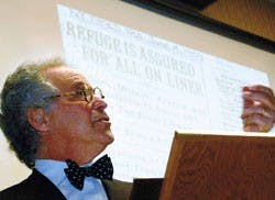 Robert Rosen, author of Saving the Jews, speaks in Woodward Hall on Monday about the United States' treatment of European Jews during World War II.