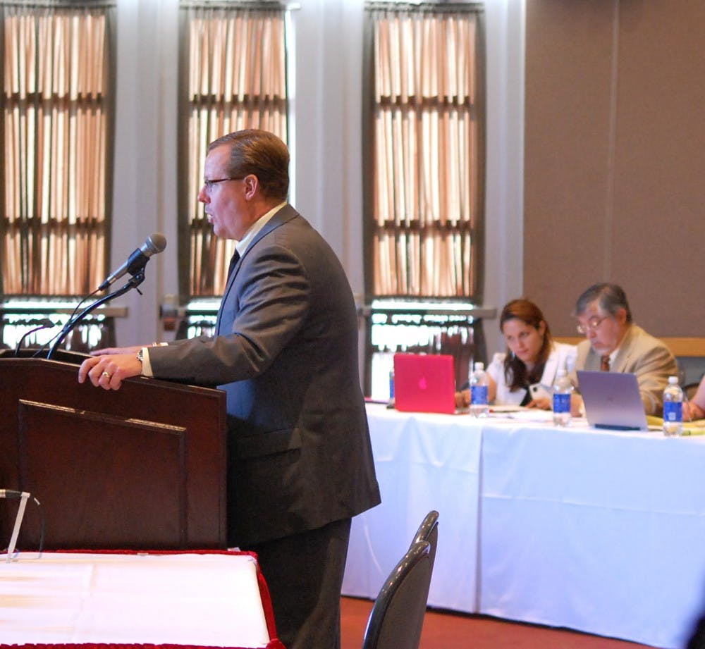 	Andrew Cullen, associate vice president for the Office of Planning and Budget Analysis, discusses UNM’s debt portfolio in a Board of Regents meeting Tuesday morning. In his presentation, Cullen said UNM is currently $575.7 million in debt.