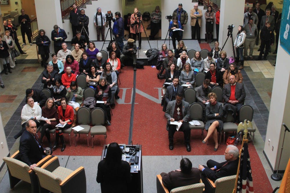 Lawyer Jill Pilgrim delivers a climate assessment report on sexual assaults at UNM during an announcement event held Thursday morning at the SUB Atrium.