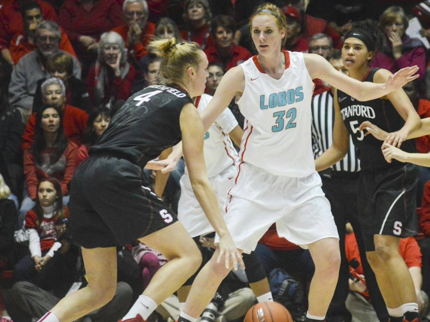 Lobo sophomore forward Kianna Keller, 32, blocks Stanford forward Taylor Greenfield during the game against Stanford on Nov. 24. The Lobos lost to New Mexico State University in Las Cruces 70-59 on Sunday.
