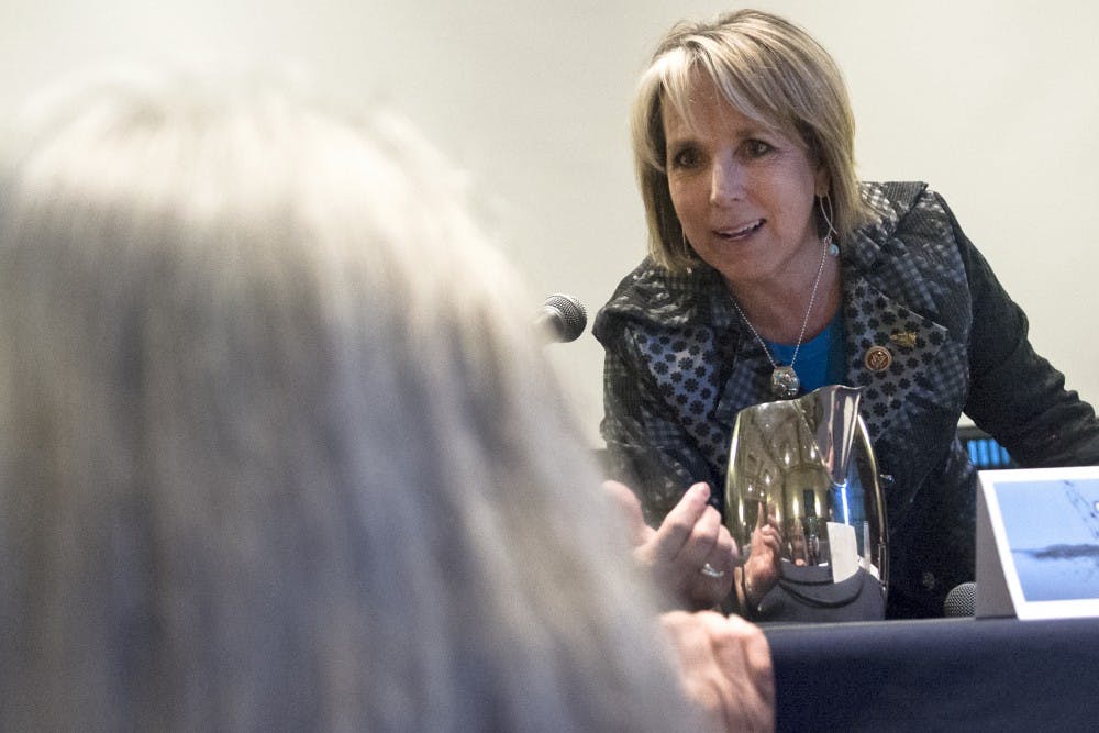 U.S. Rep. Michelle Lujan Grisham meets with Zoe Economou from the Ciudad Soil and Water Conservation District after the Water Innovation Summit on Tuesday. The summit focused on water resource challenges in New Mexico and the technologies, innovations and policy changes that are being utilized to continue meeting the state’s water needs.