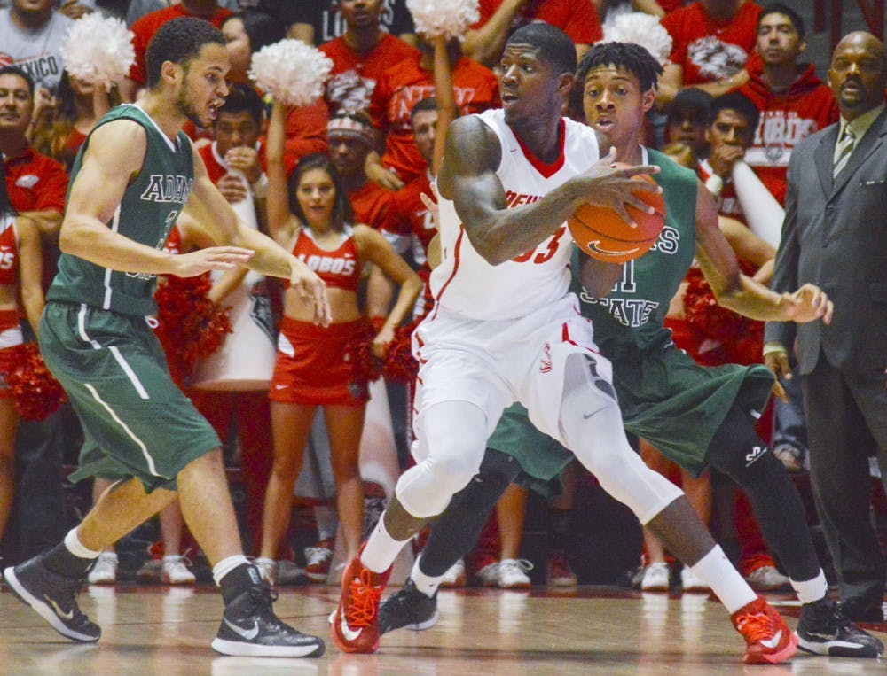 Lobo senior guard Deshawn Delaney, 33, looks for someone to pass the ball to during the basketball exhibition game against Adams State on Friday night at the Pit. The Lobos defeated Adams State 62-50.