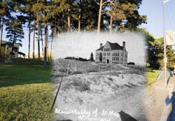 Photo of Hodgin Hall taken in 1900, courtesy of UNM archives, superimposed over the present site on campus. The building sits on the same site today as it did in 1900.