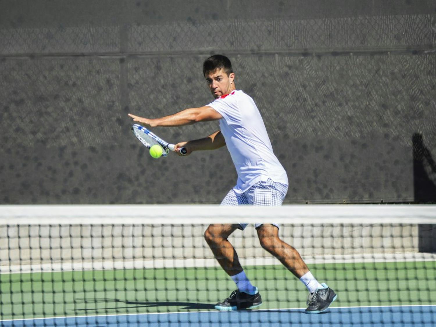 Redshirt senior Rodolfo Jauregui prepares to return the ball during the Balloon Fiesta Invitational Saturday, Nov. 8, 2016 at the McKinnon Family Tennis Stadium. The Lobos lost to Cal Poly 4-3 this past weekend. 