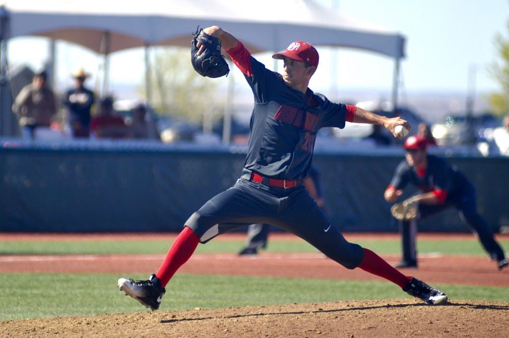 Senior left hand pitcher Alex Estrella pitches against a UNLV batter&nbsp;Saturday April 2, 2016 at Santa Ana Star Feild. The Lobos bear San Jose State 6-2 this Saturday afternoon.&nbsp;