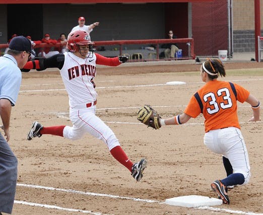 Janet Rendon sprints toward first base during a loss to Syracuse last month. The UNM softball team is off to a 6-8 start. 