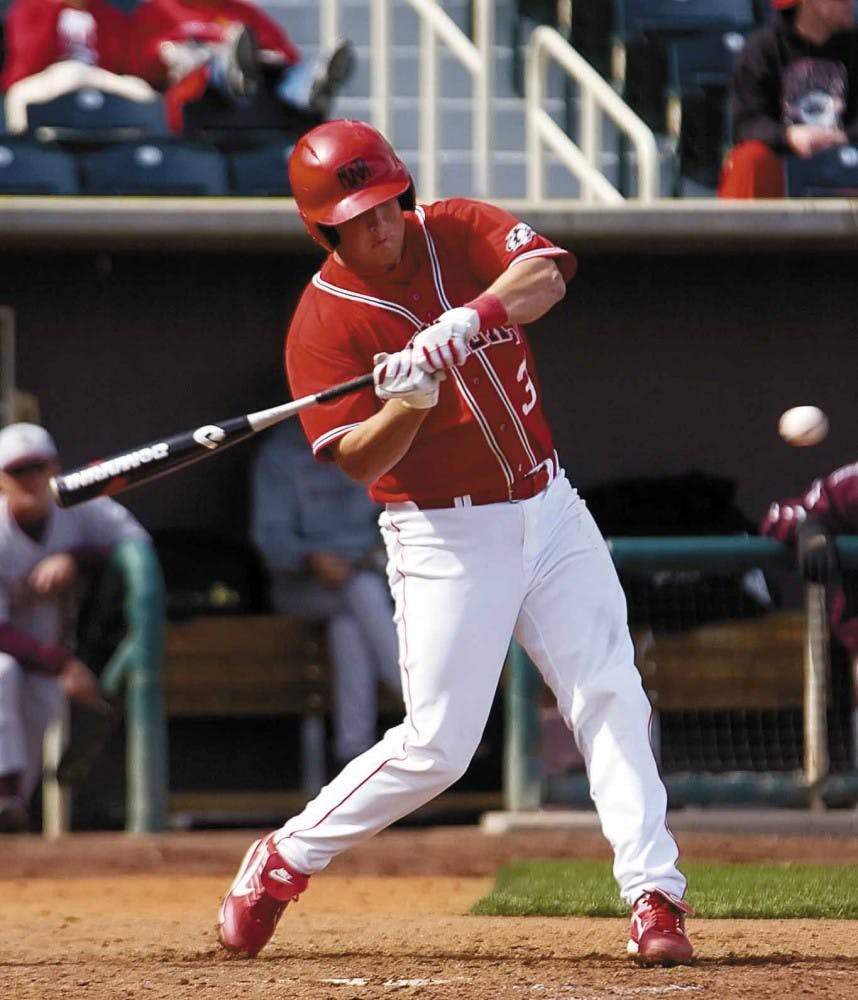 Outfielder Jay Russell swings at a ball thrown by Texas State pitcher Justin Fiske during Sunday's game at Isotopes Park. The Lobos lost to Texas State 11-4.