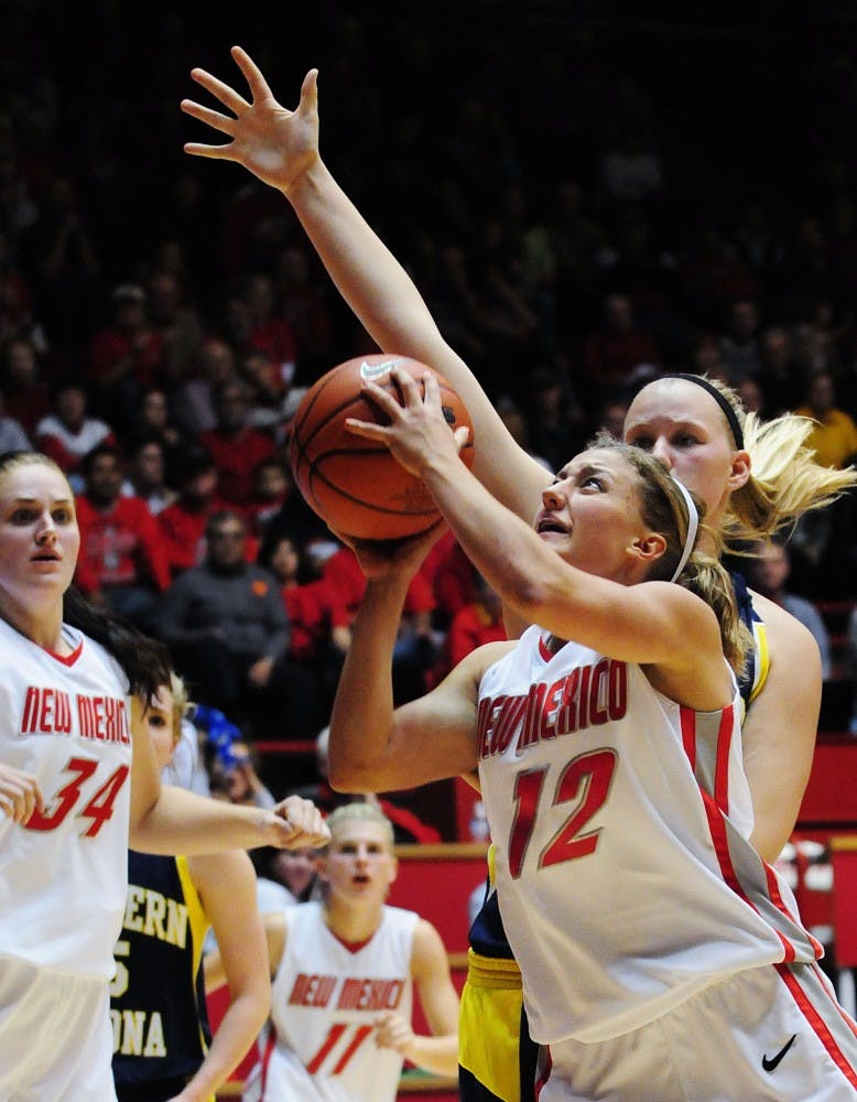 	Lobo Nikki Nelson fires a basket during Tuesday’s game against Northern Arizona at The Pit. The Lobos won 72-40.