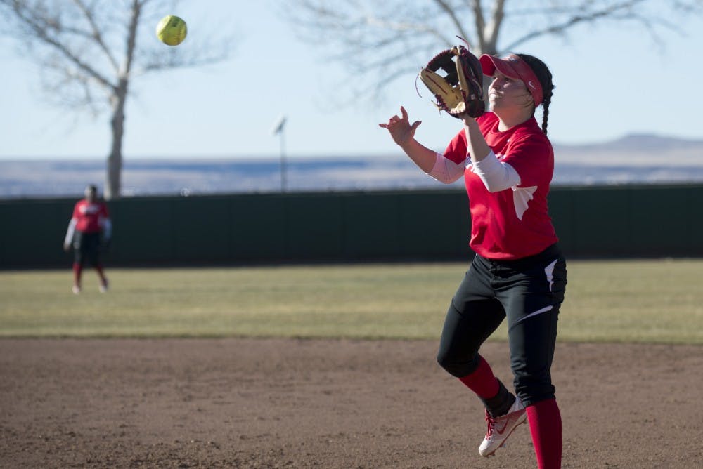 Junior Shelbie Franc makes a play during the Lobos first practice Feb. 8, 2016 at the Lobo Softball Field. The Lobos will play their first home game this Saturday against Northern Colorado at 1 p.m.
