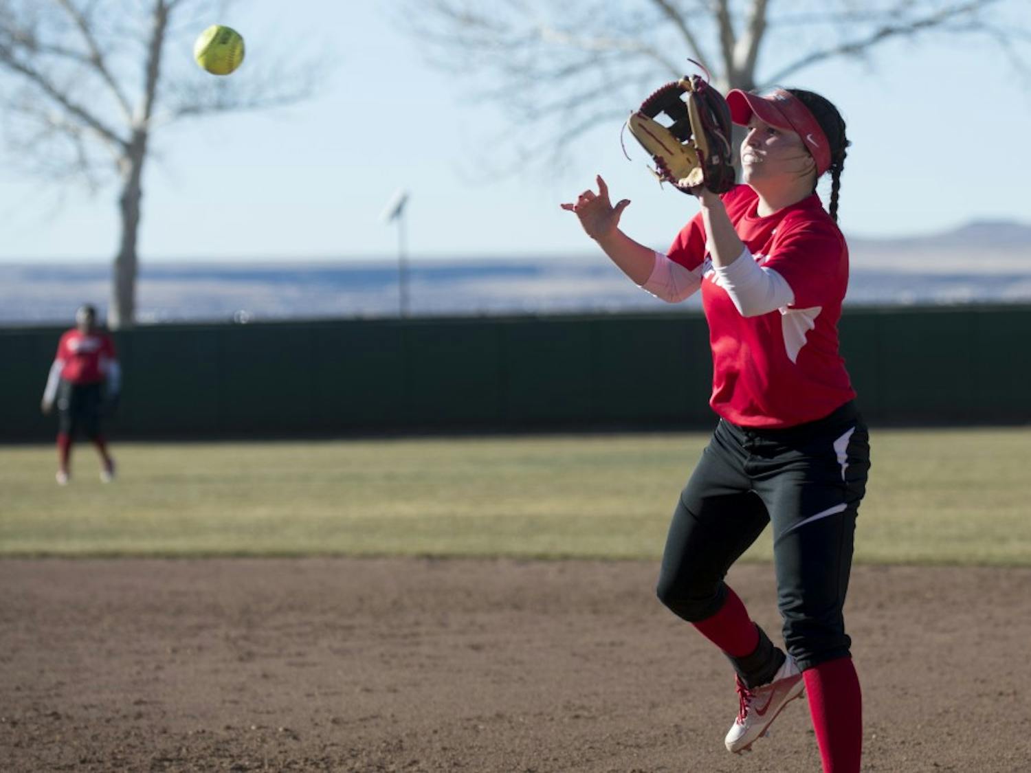 Junior Shelbie Franc makes a play during the Lobos first practice Feb. 8, 2016 at the Lobo Softball Field. The Lobos will play their first home game this Saturday against Northern Colorado at 1 p.m.