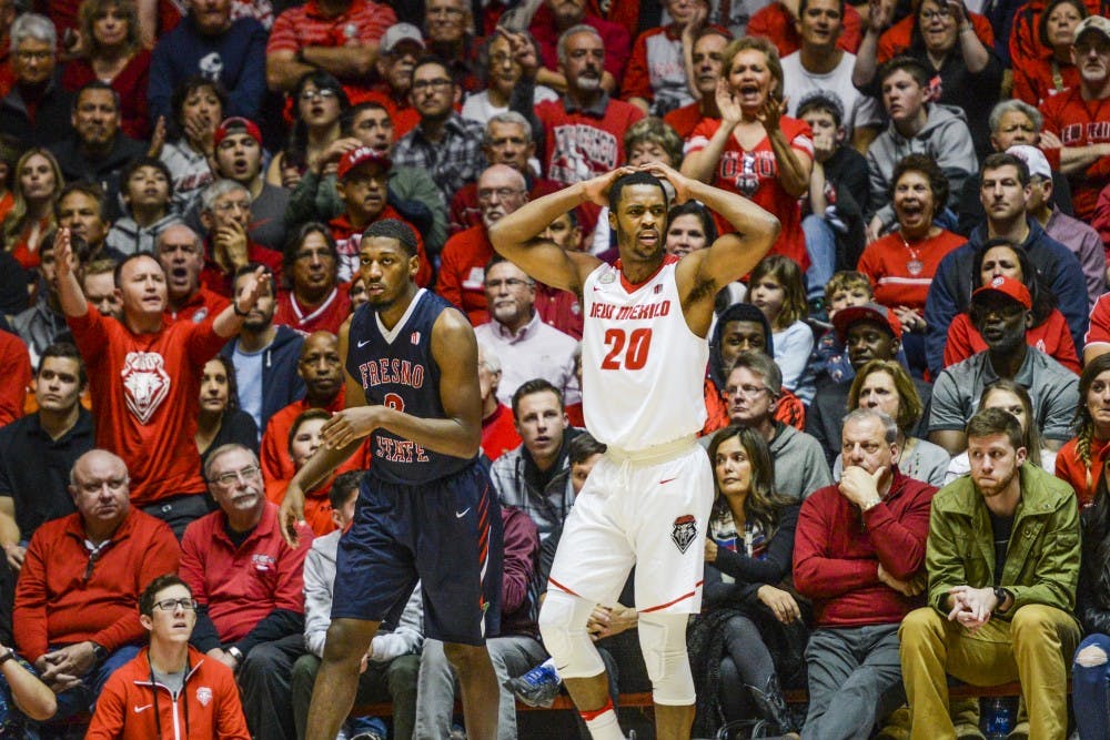 Junior Sam Logwood looks towards the referee in disbelief as a call was made against the Lobos during their game against Fresno State Wednesday, Dec. 28, 2016 at WisePies Arena. The Lobos&nbsp;where dealt their first conference loss against Utah State 79-75.