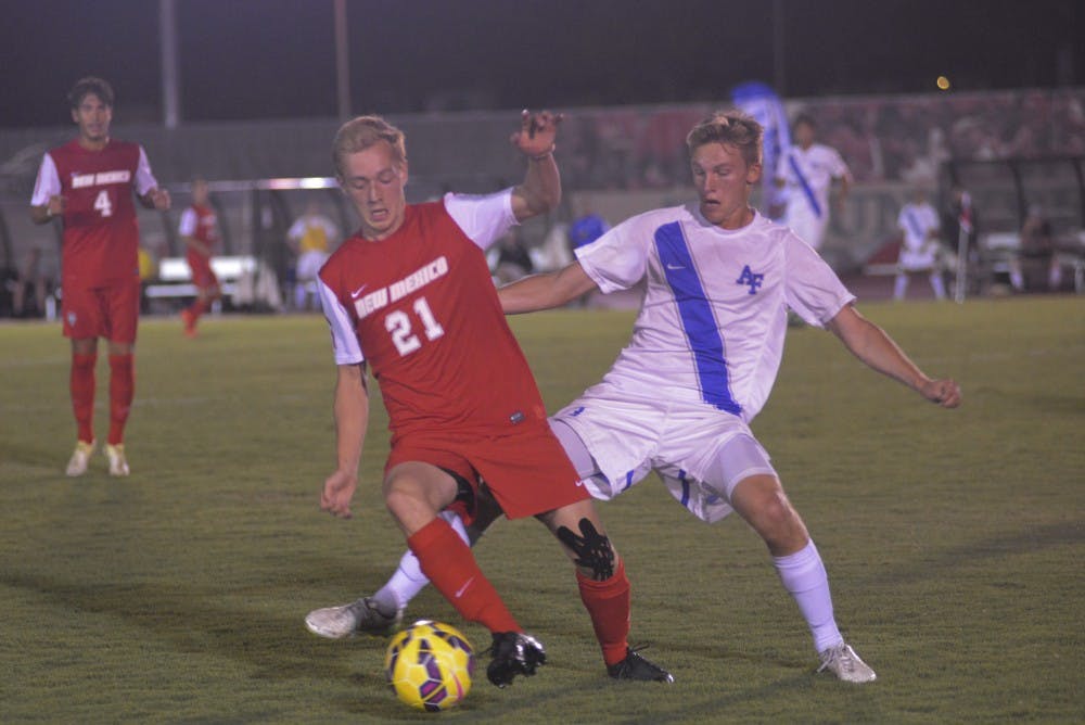 UNM midfielder Simon Spangenberg defending the ball from Air Force on Saturday at the UNM Soccer Complex. UNM plays against Grand Canyon on August 19 at the Soccer Complex at 7 P.M
