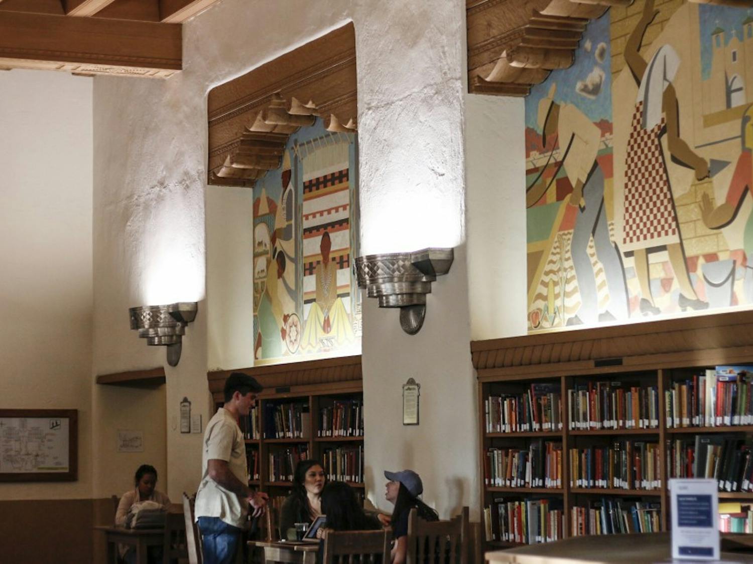 “The Three Peoples Murals” is located in the west wing of Zimmerman Library. The mural is composed of four different paintings created in 1939 by Kenneth Adams.