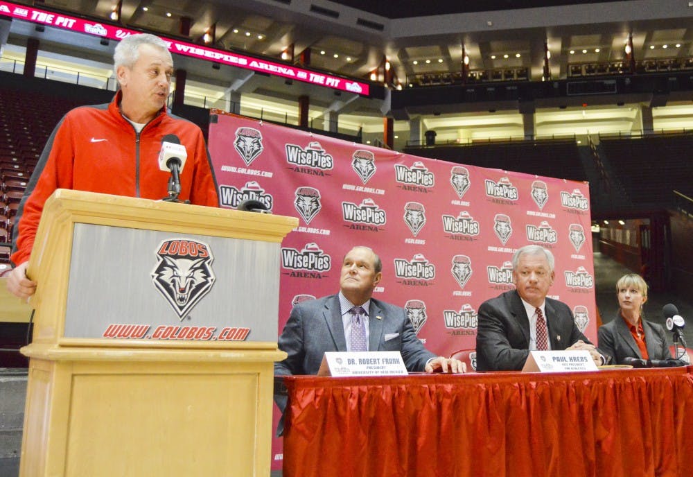 Men's basketball coach coach Craig Neal makes his opening statement during a press conference at recently rebranded WisePies Arena on Monday afternoon. Neal, along with UNM President Robert Frank, Vice President for Athletics Paul Krebs and WisePies marketing consultant Season Elliott, made the announcement of the $5 million deal with WisePies Pizza &amp; Salad to rename The Pit.